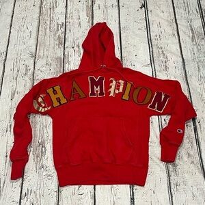 Women's Champion Red All Over Print Sports Hoodie Pullover Fashion Sweatshirt